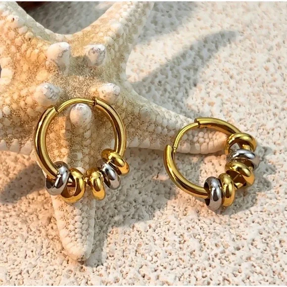 18K Gold PVD Hoop Earrings with Silver Beads‎ | Waterproof Minimalist - Picture 2 of 6